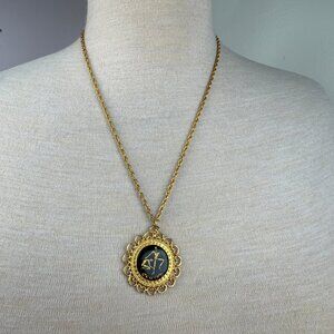 Vintage Enamel Gemini Zodiac Gold Tone Pendant Necklace 23"